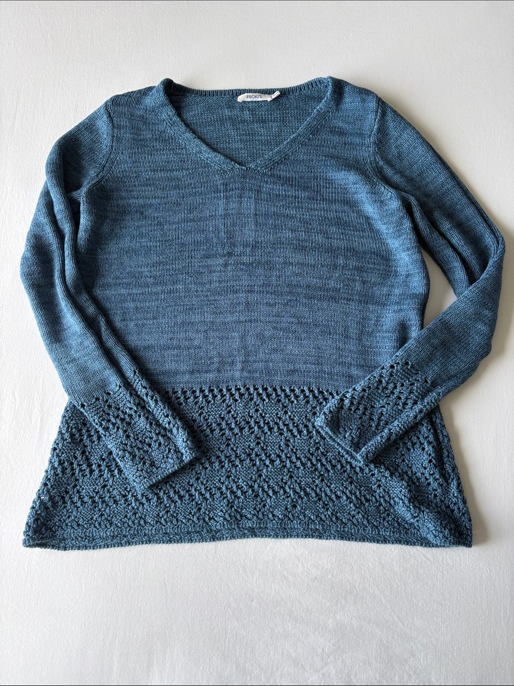 Ricki's Teal Blue V-Neck Knit Sweater with Lace Hem